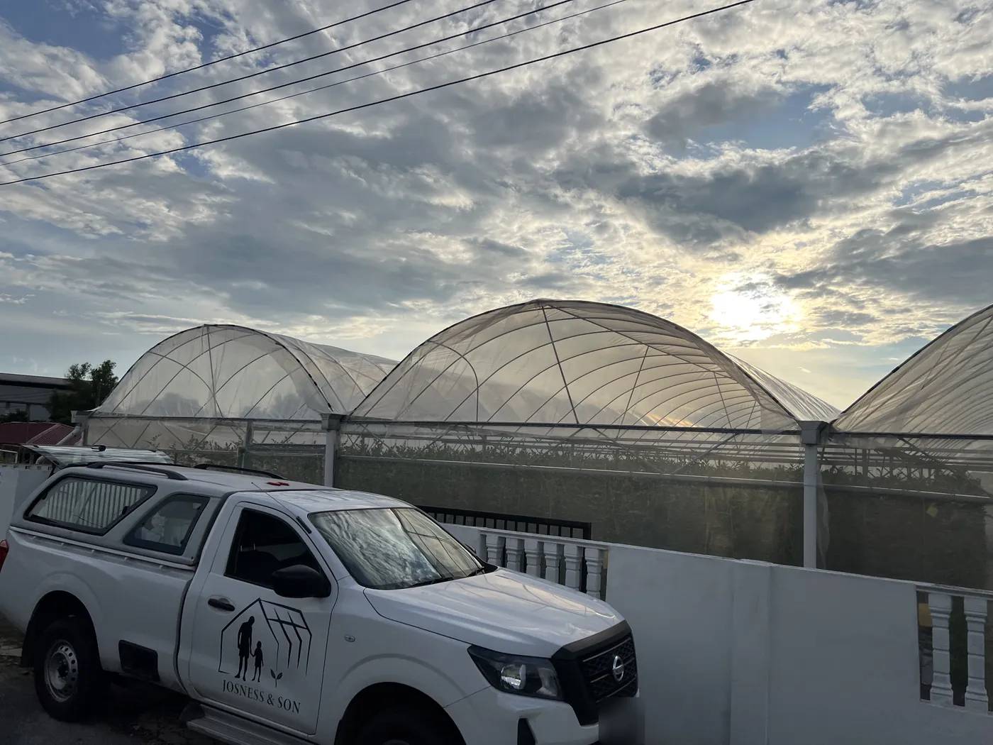 Josness & Son's greenhouses at sunset with the company pickup truck