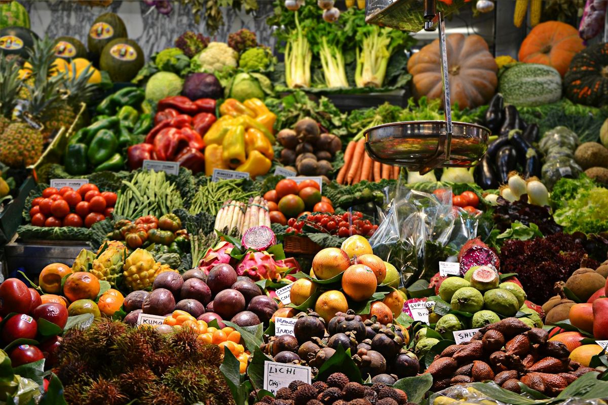 Colourful fresh fruit and produce on display at a market